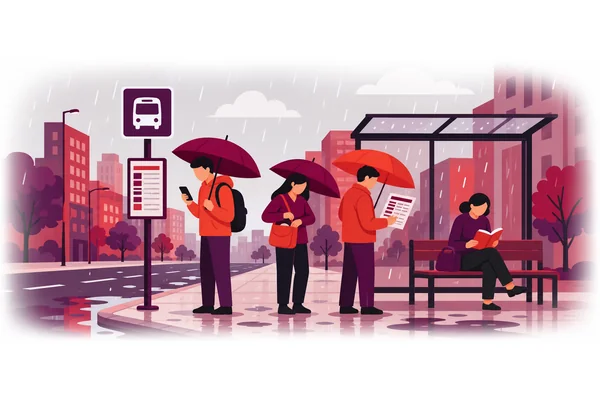 We were waiting for the bus when it started to rain.