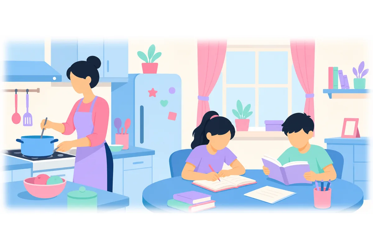 While she was cooking, the children were doing their homework.