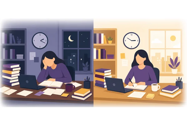 She looked exhausted because she had been studying continuously since dawn.