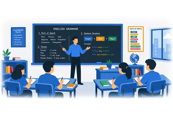 The teacher who teaches us English is very patient.