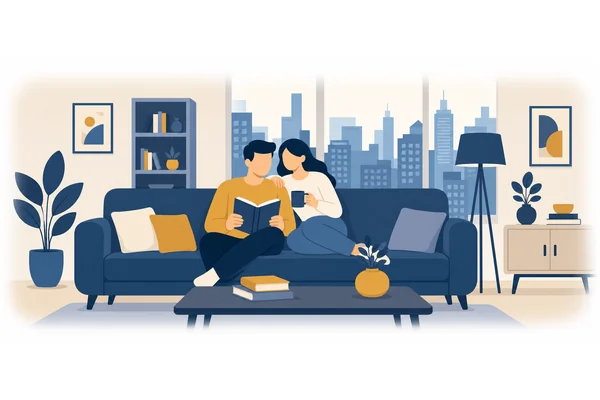 They live in a comfortable modern apartment in the city centre.