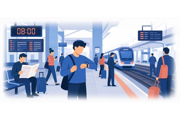 We meet at the train station at 8 a.m.