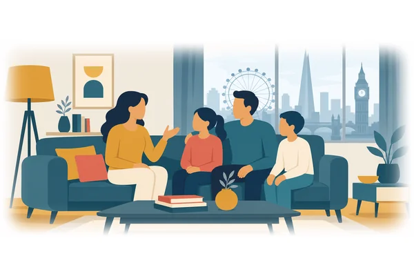 She lives in London with her family.
