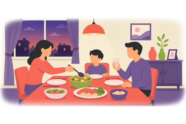 We usually eat dinner in the evening.