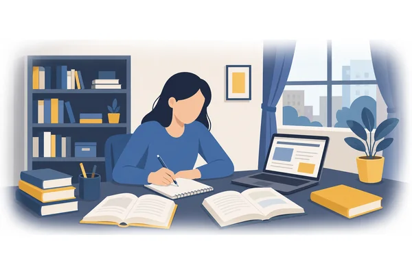 She is studying for her exam at the moment.