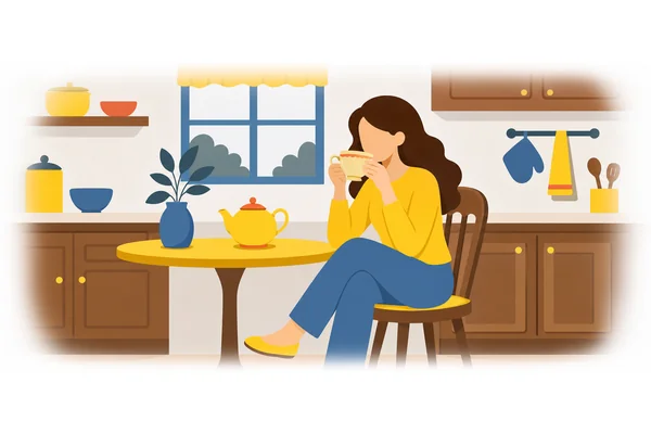 She is not drinking coffee right now—she's drinking tea.