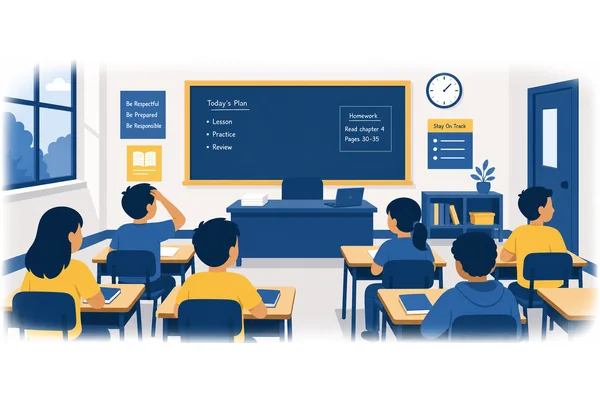 The teacher isn't here, is she?