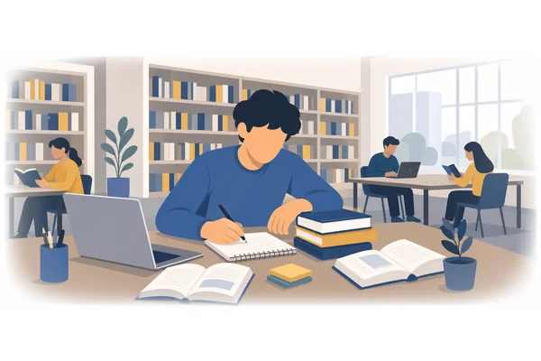 The student studying in the library is preparing for the exam.