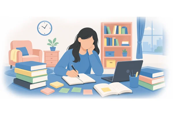 Direct: 'I am studying for my exams.' Reported: She said (that) she was studying for her exams.