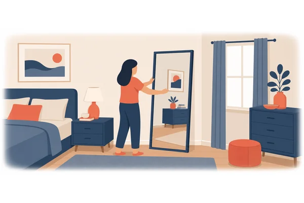 She bought a flat rectangular mirror for her bedroom.