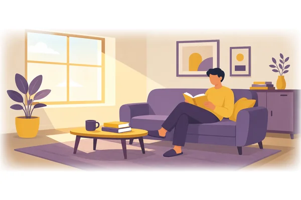 The square window in the living room lets in plenty of light.
