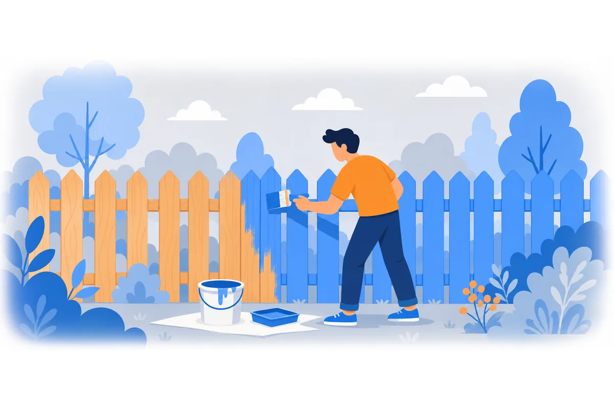 He is painting the fence in the garden right now.