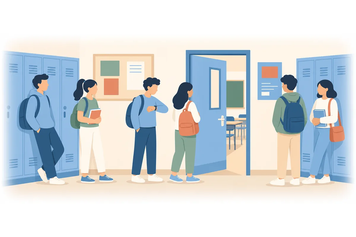There are some students waiting outside the classroom.