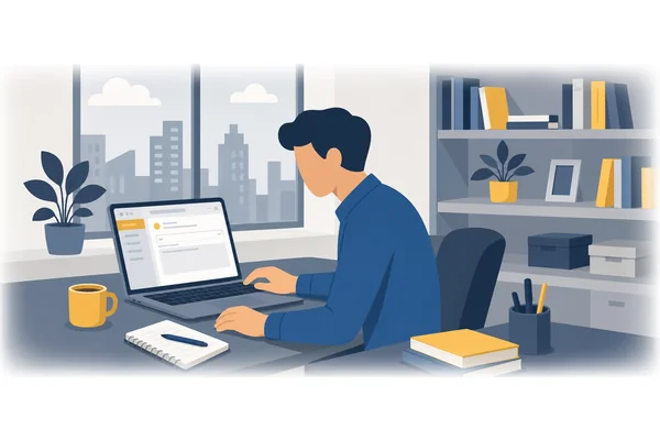 He is writing an email to his boss.