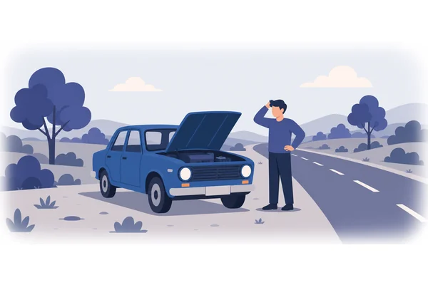 The old blue car broke down yesterday.