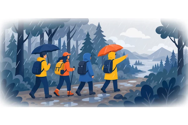 Although it was raining heavily, we decided to go hiking.
