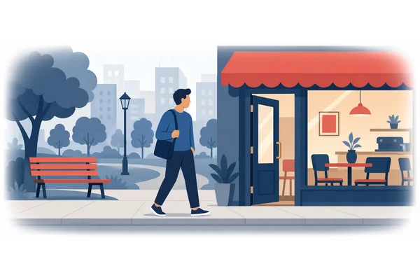 He walked towards the park but stopped at the café.