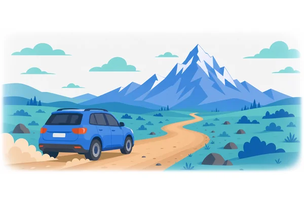 The car moved slowly towards the mountain.