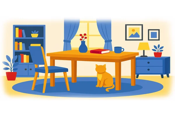The cat is sitting under the table.