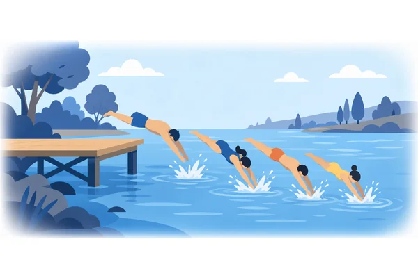 The swimmers dived below the surface of the water.