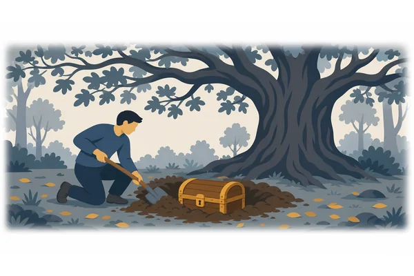 The treasure was buried beneath the old oak tree.