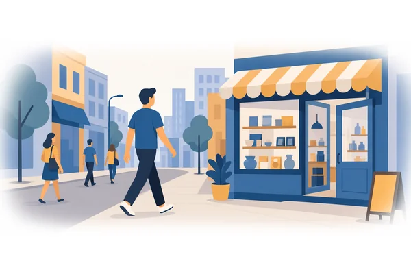 He walked down the street to the shop.