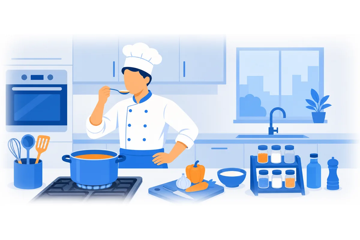 The chef is tasting the sauce to check the seasoning.
