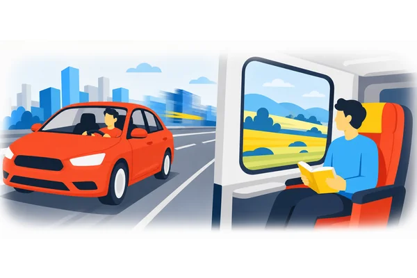 The journey by car is faster than by train.