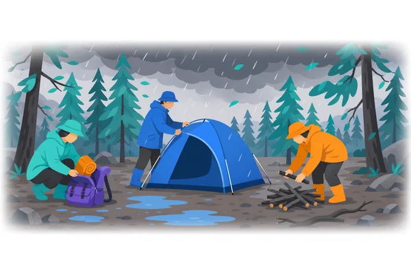 Although the weather was bad, they went camping.