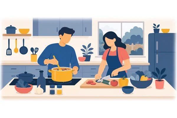 They are cooking dinner together in the kitchen.