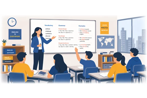 The woman who teaches English is very patient.