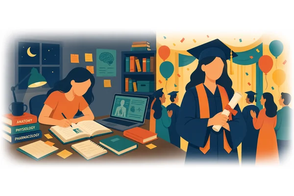 She will have been studying medicine for six years by the time she graduates.