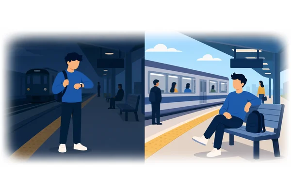 How long will you have been waiting when the train finally departs?
