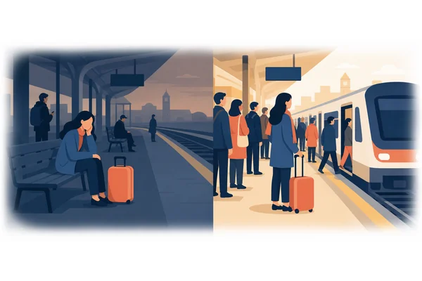 She had been waiting at the station since dawn, so she was exhausted when the train finally pulled in.
