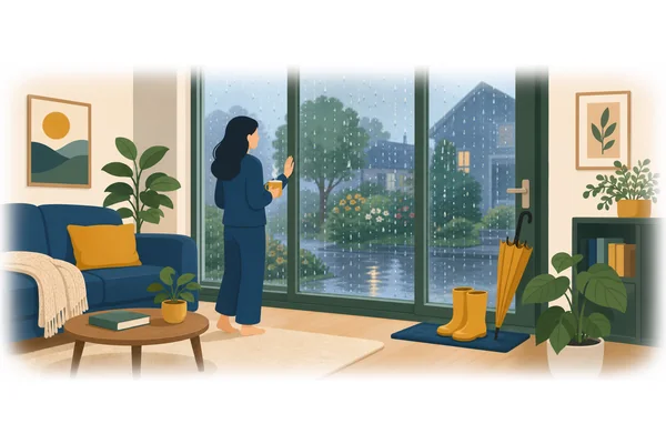 It is raining outside right now.