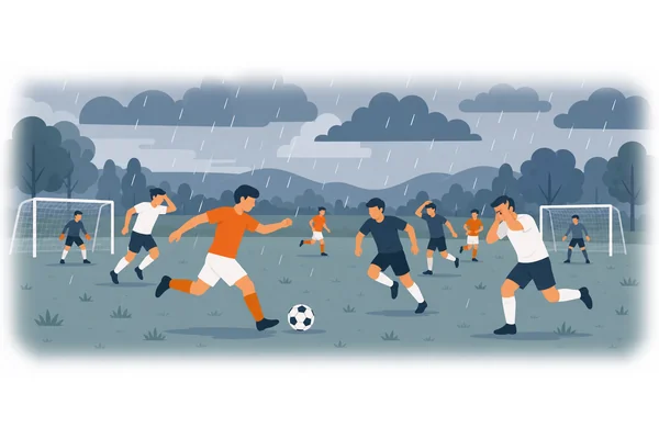 While they were playing football, it started to rain.