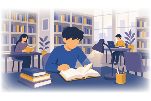The library where my son studies is very quiet.