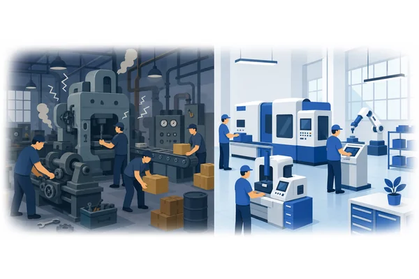 The old factory was noisy and crowded, while the new one is clean and quiet.